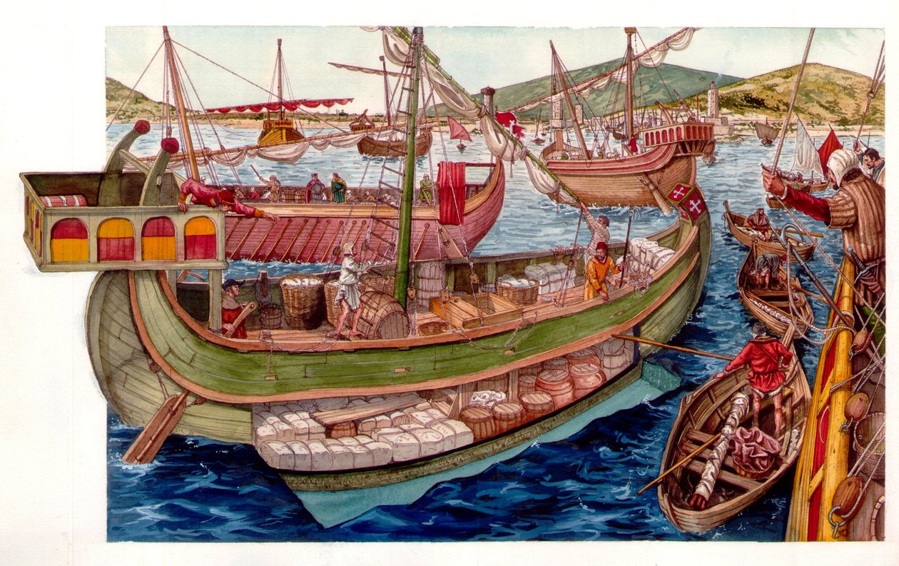 Moyen Âge : activités commerciales, chargement de bateaux, dans le port de la ville de Pise. Italie 13e siècle - Giorgio Albertini