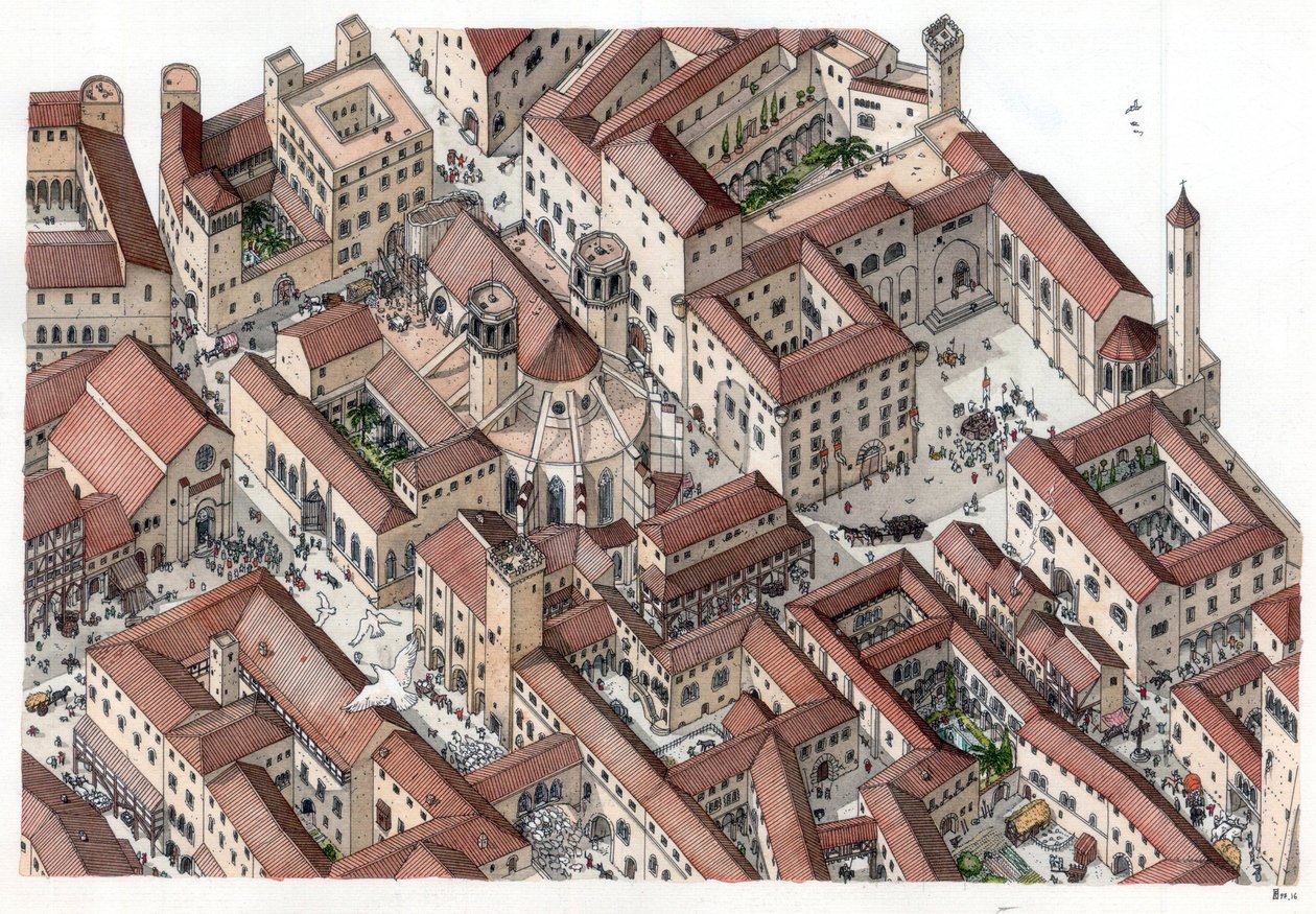 Moyen Âge : reconstitution du quartier historique du Barri Gotic (barrio gotico) à Barcelone au XIVe siècle. La cathédrale Sainte-Eulalie est visible. Espagne Illustration de Giorgio Albertini. (L