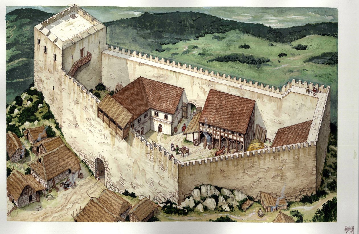Moyen Âge : reconstruction du château cathare de Montségur (achevé au XIIIe siècle), Ariège, France. - Giorgio Albertini