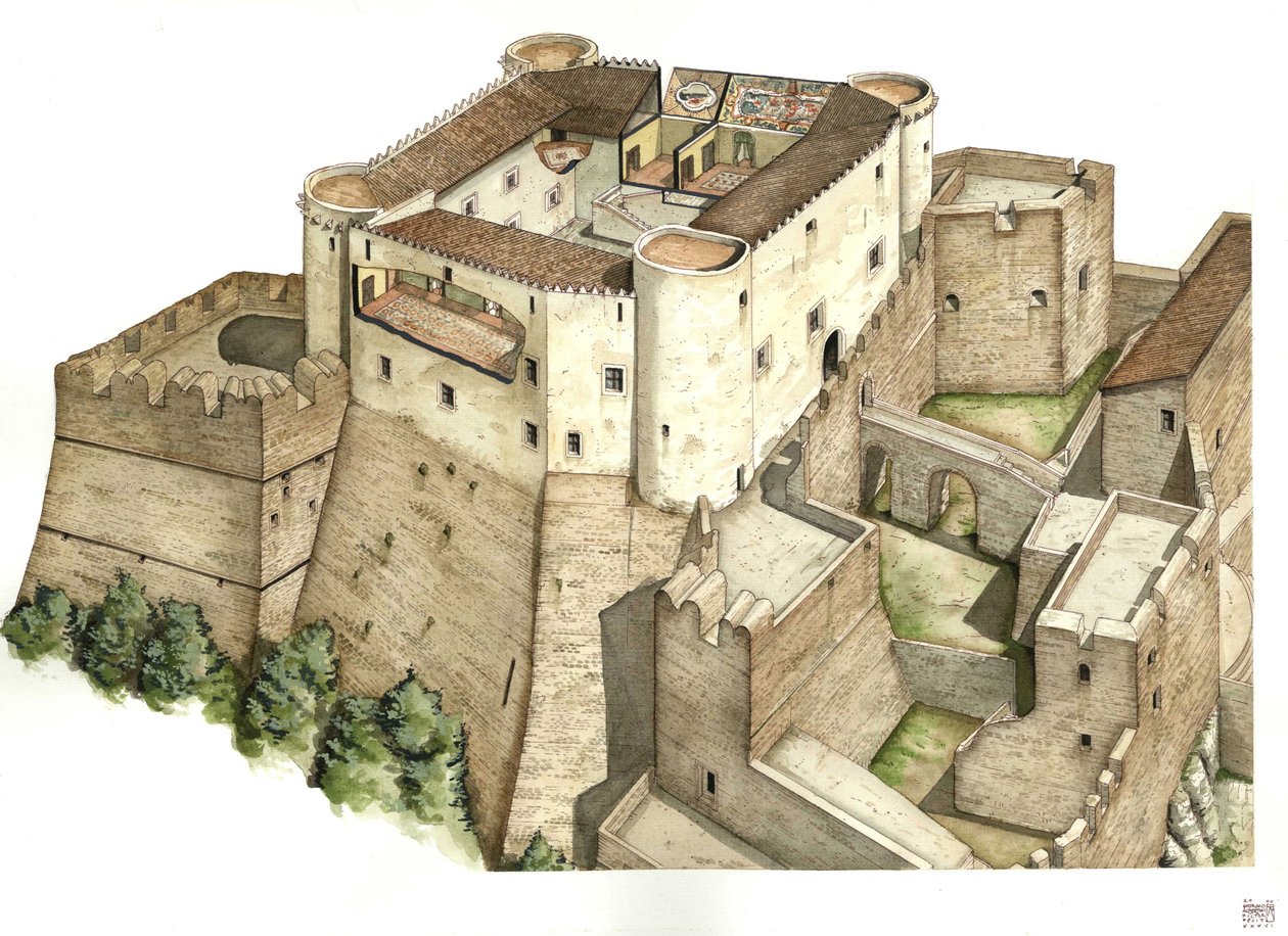 Moyen Âge : reconstruction du château Santa Severina, construit au XIe siècle, à Catanzaro. Calabre Italie Illustration de Giorgio Albertini. (L