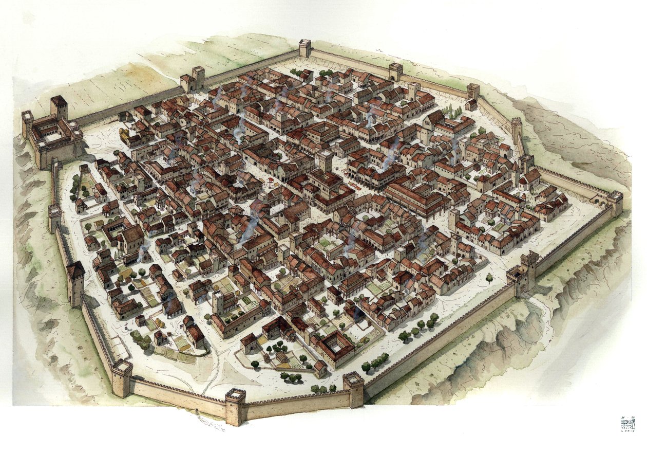 Moyen Âge : reconstruction de la ville fortifiée de Cherasco (Piemont) à l