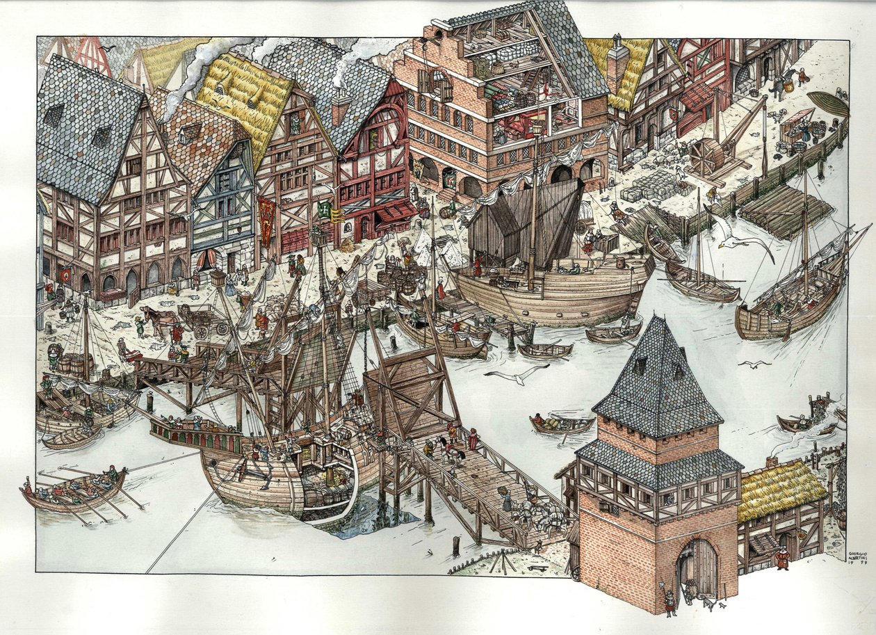 Moyen Âge : vue des activités commerciales autour du port de Lubeck, sur la mer Baltique. XIVe siècle. Allemagne - Giorgio Albertini