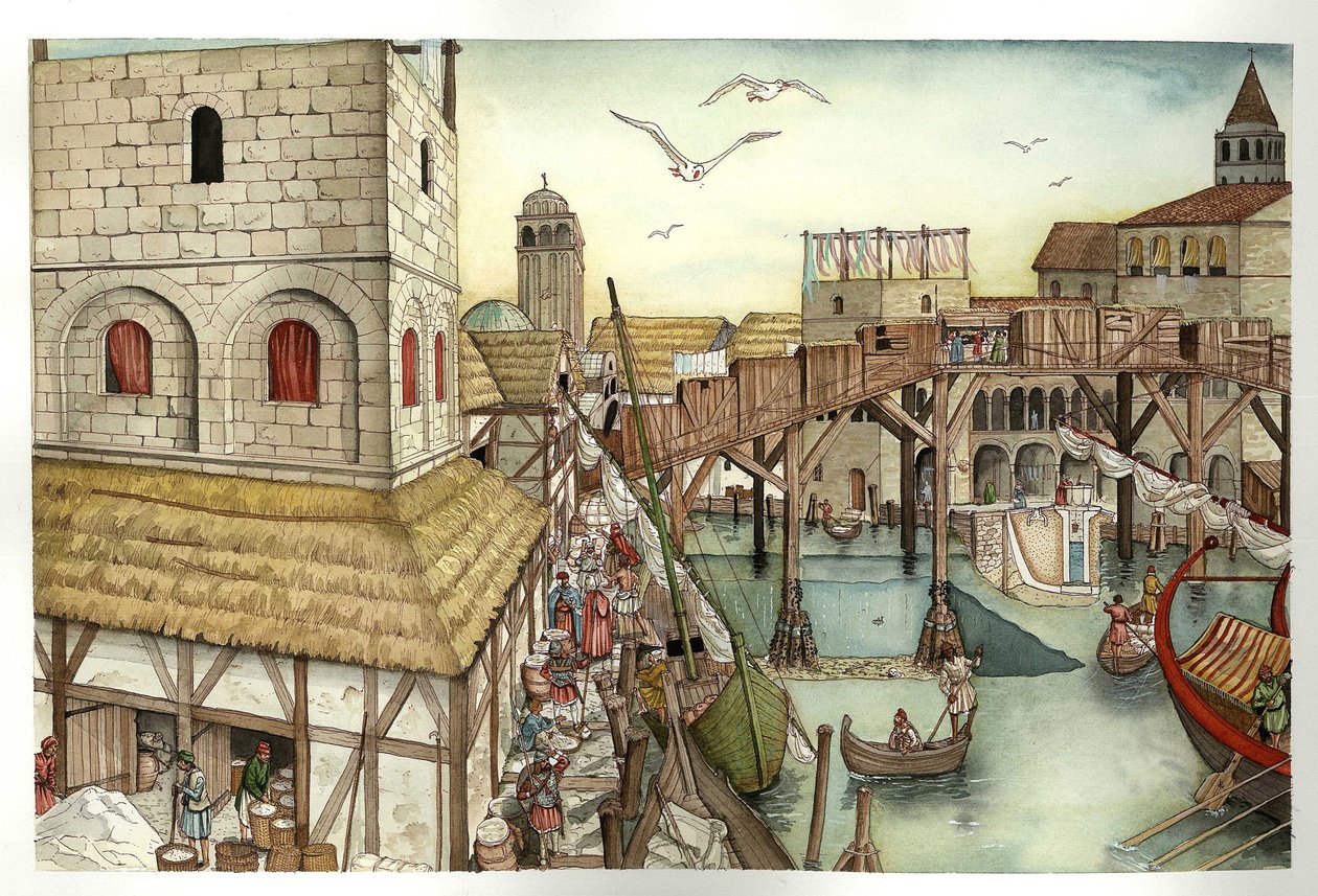 Moyen Âge : vue du pont du Rialto au XIe siècle et activités à Venise, Italie. - Giorgio Albertini