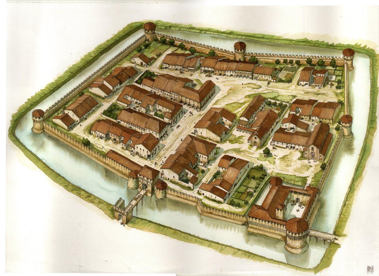 Moyen Âge : vue de la ville fortifiée de Bagnara di Romagna à la fin du XVe siècle. L