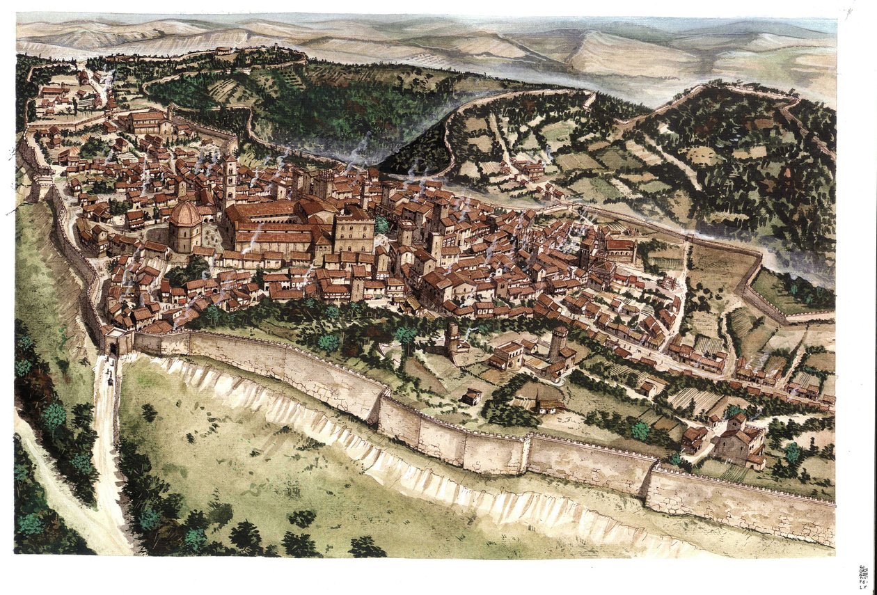Moyen Âge : vue de la ville médiévale de Volterra, entourée de remparts, au XIVe siècle. Toscane. Italie Illustration de Giorgio Albertini. (L