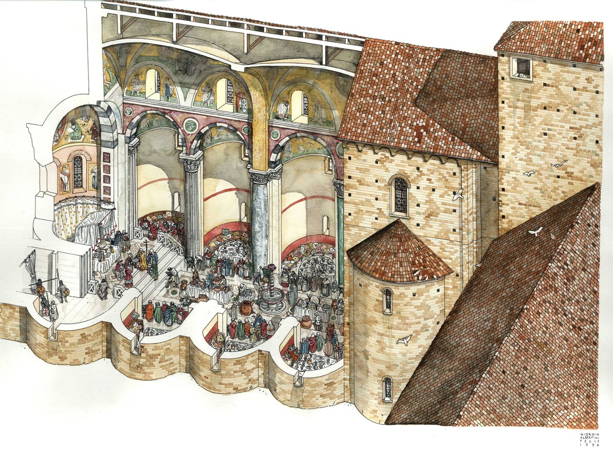 Reconstitution de la basilique Saint-Jean-de-Latran (Saint-Jean-de-Latran ou San Giovanni in Laterano) au VIIIe siècle : la coupe architecturale permet de voir le triclinium, et la cérémonie d