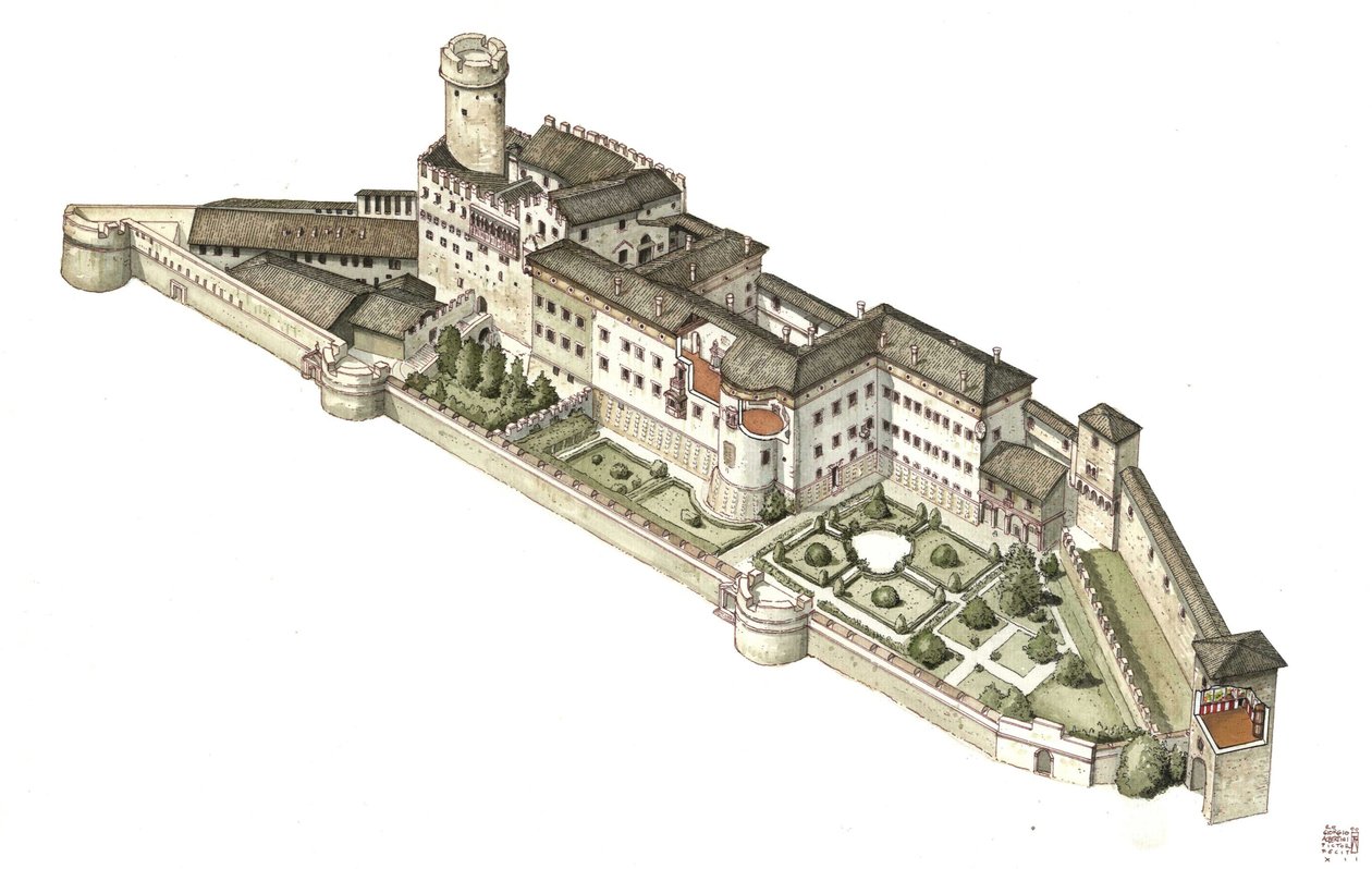 Reconstruction du château de Buonconsiglio, ancienne résidence des princes eveque de Trente. Italie Illustration de Giorgio Albertini. (L