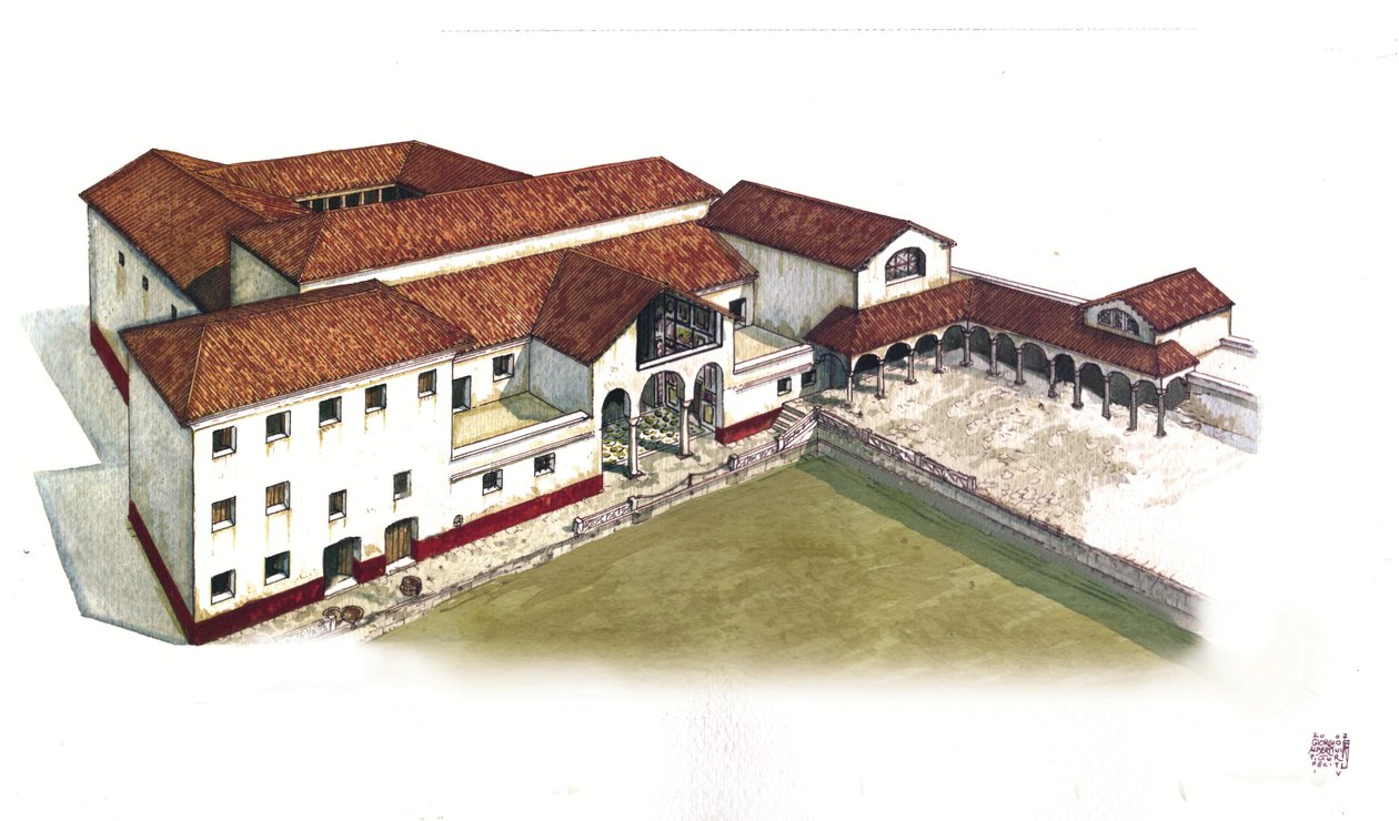 Roman Antiquite : reconstitution du site de la domus de la porte maritime (domus di porta marina) à Ostia antica (Ostie antique) au IVe siècle, Italie. - Giorgio Albertini