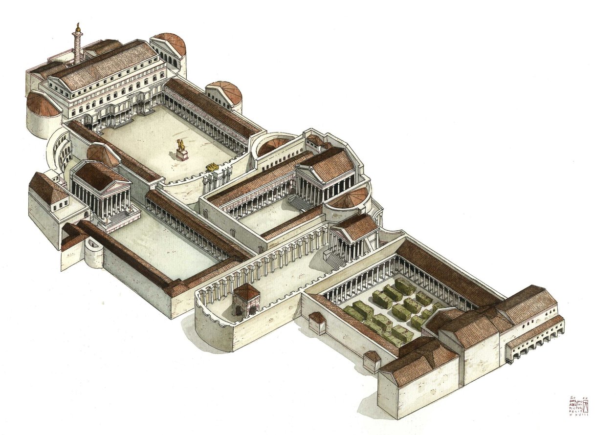 Roman antiquite : reconstitution du forum de Trajan (foro di traiano) au IIIe siècle après J.-C., Rome. J.-C., Rome. Italie. - Giorgio Albertini
