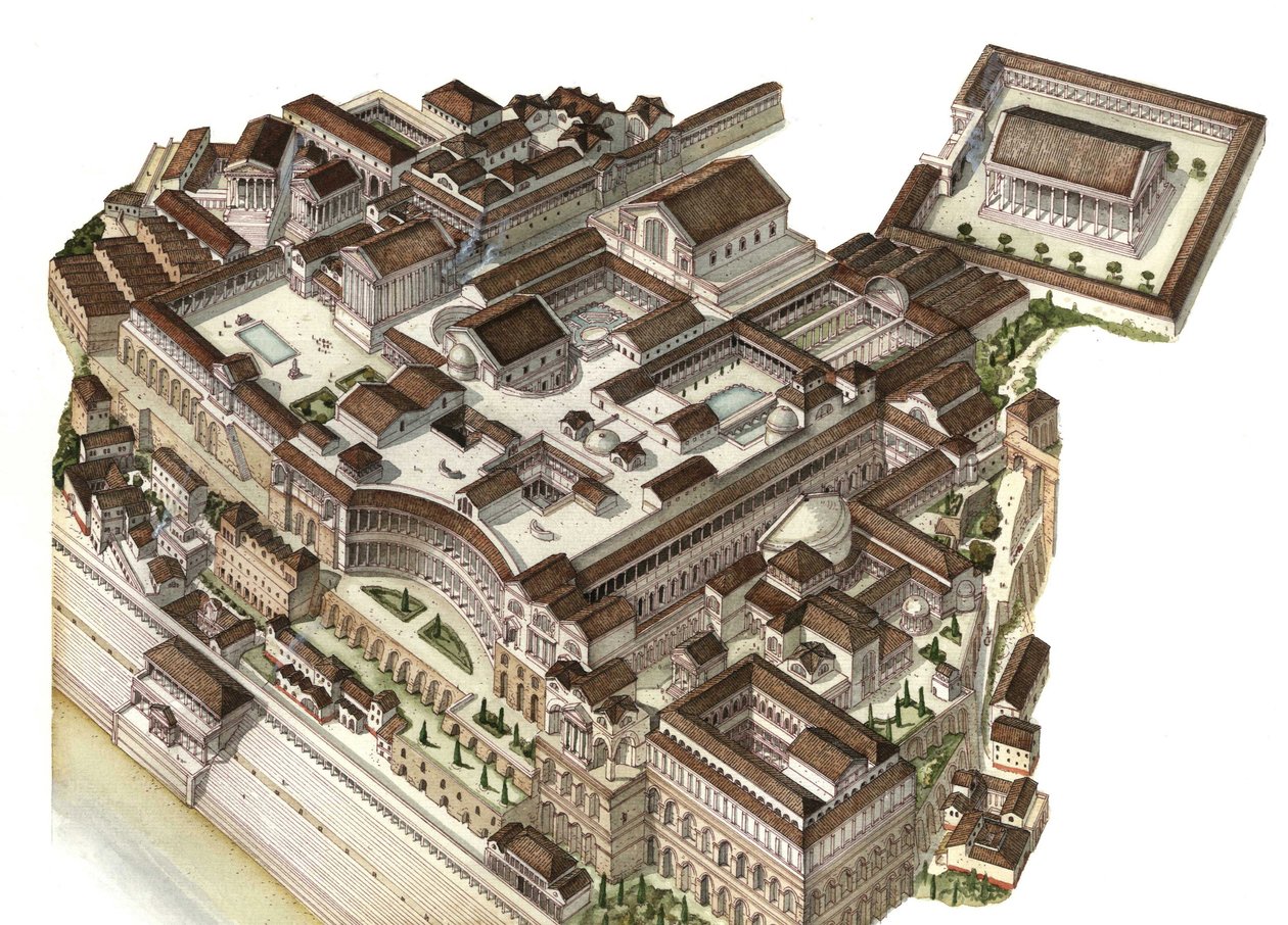 Antiquité romaine : reconstruction du mont Palatin (Glue Palatino) au IVe siècle, les empereurs successifs (Auguste, Néron, Septime Sévère) y construisent leurs palais respectifs. Rome Italie - Giorgio Albertini