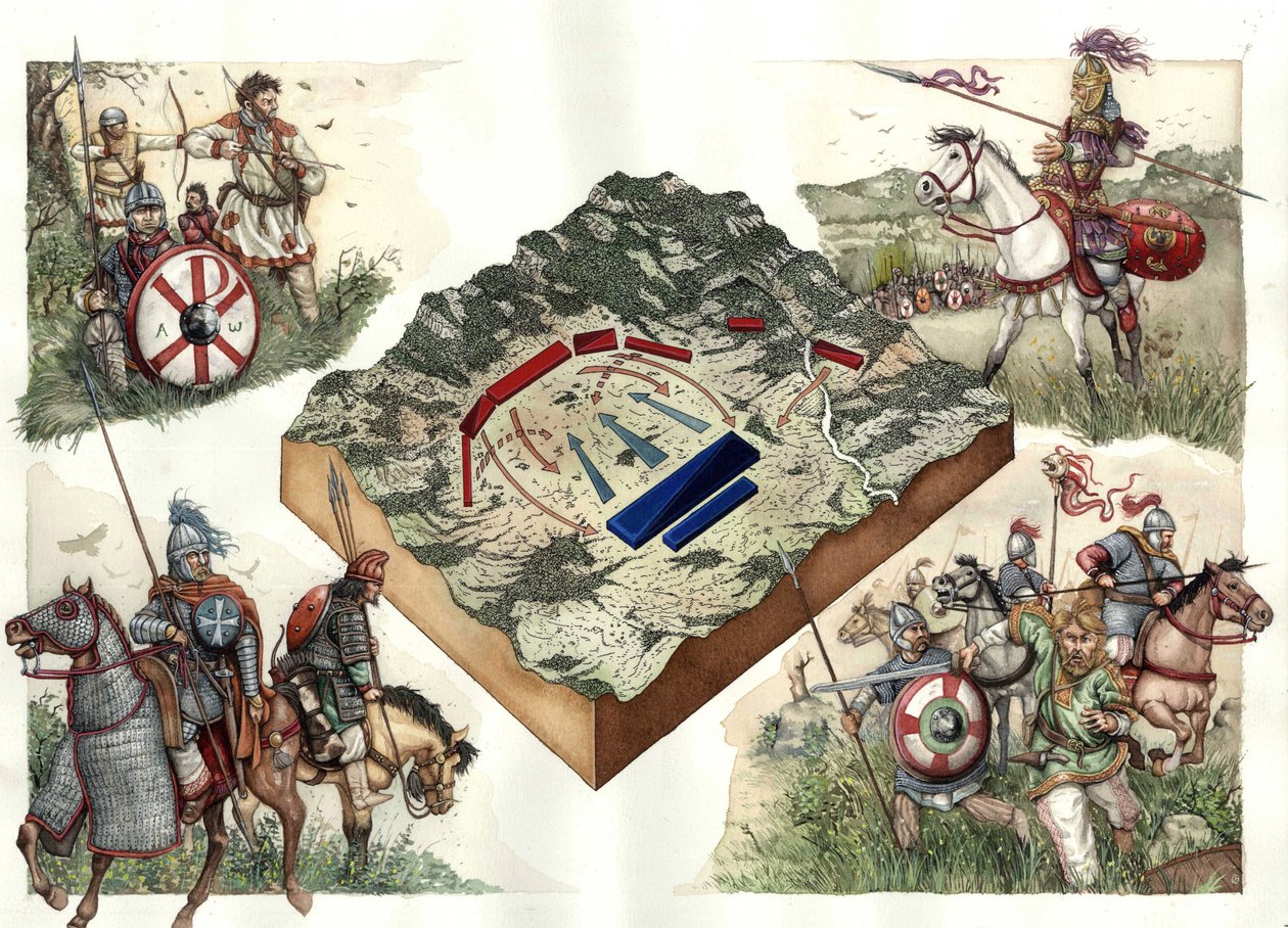 Guerre des Goths (535-553) entre les Byzantins et les Ostrogoths : bataille de Taginae en juillet 552, qui permet aux Byzantins de Justinien de marcher sur Rome depuis Ravenne. - Giorgio Albertini