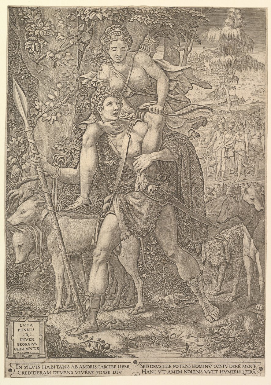 Allégorie de la chasse, un chasseur tenant une grande lance portant une femme Diana sur ses épaules, 1556 - Giorgio Ghisi