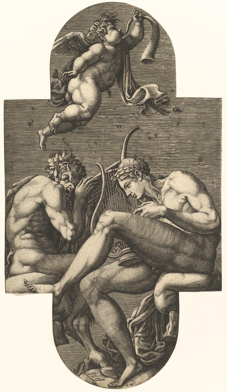 Apollon, Pan et un putto soufflant dans une corne, d