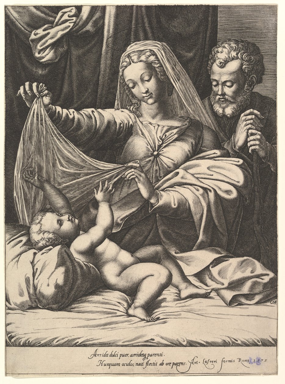 Madone de Lorette, la Vierge soulève un voile au-dessus de l