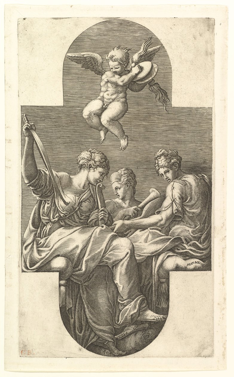 Trois Muses et un Putto avec des cymbales, une composition cruciforme, d