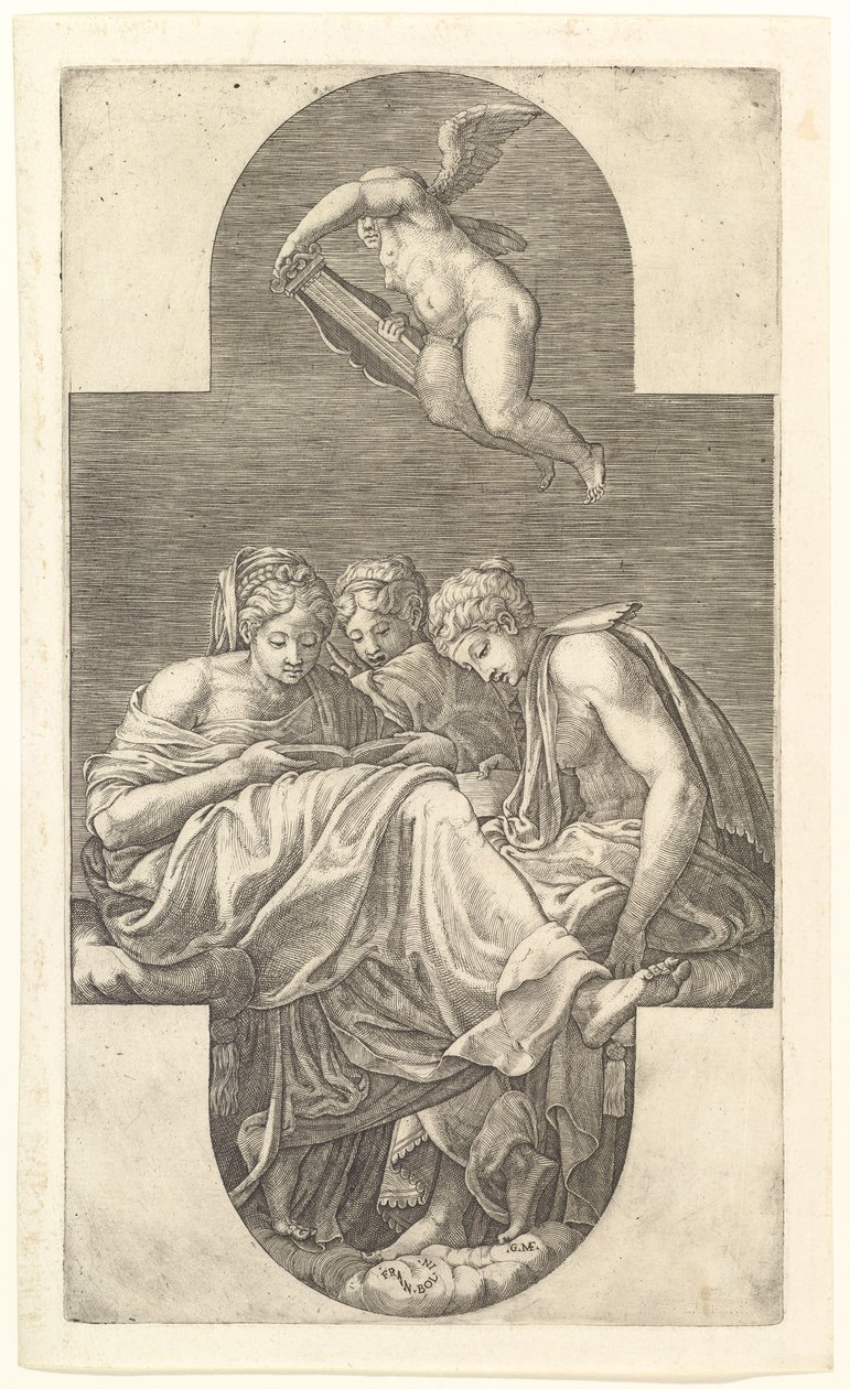Trois muses et un putto avec une lyre, une composition cruciforme, d