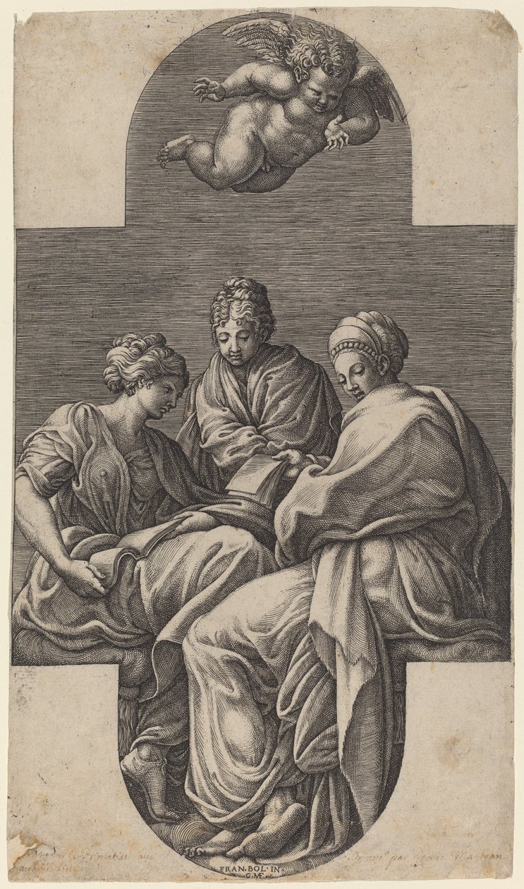 Les Trois Muses et un Putto Gesticulant - Giorgio Ghisi after Francesco Primaticcio
