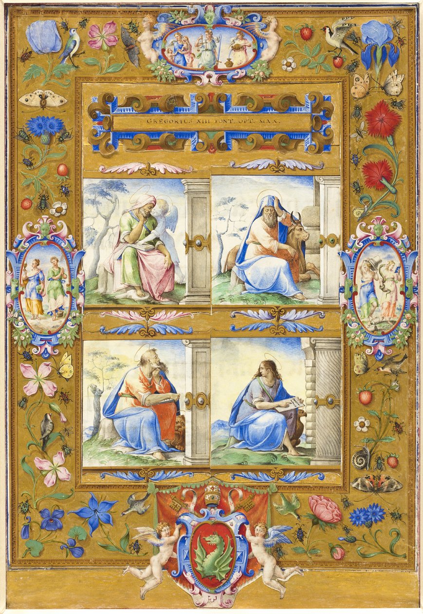 Les quatre évangélistes, dans une bordure de fleurs, d