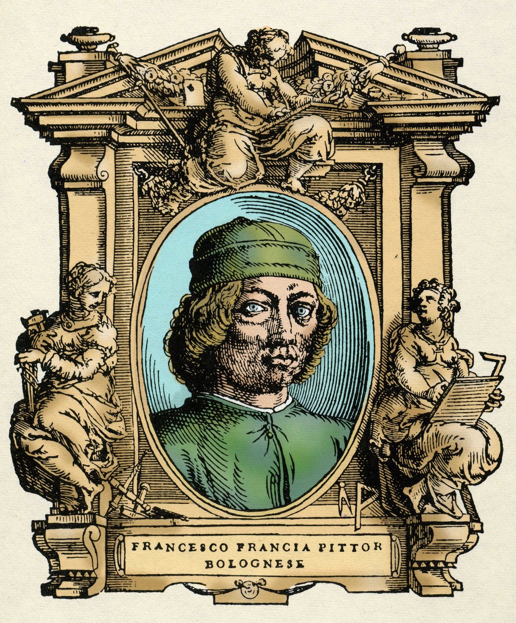 Portrait de Francesco Francia (1450-1517) peintre italien. Gravure du traité « Vies des plus excellents peintres, sculpteurs et architectes » (Le Vite de