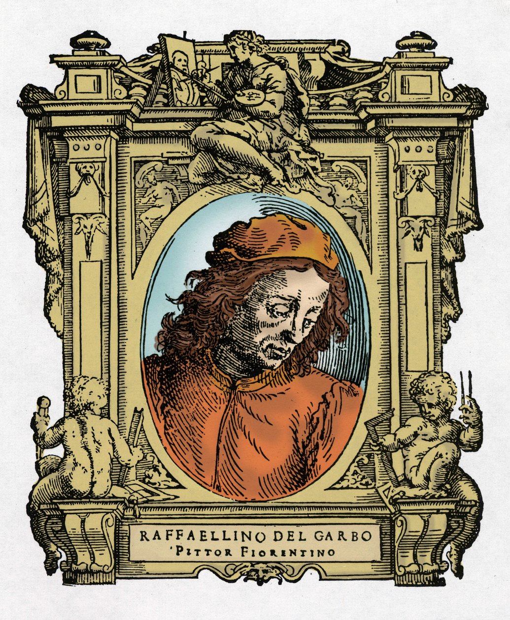 Portrait de Raffaellino del Garbo (Raffaellino de Carli) (1466-1525) peintre italien. Gravure du traité « Vies des plus excellents peintres, sculpteurs et architectes » (Le Vite de