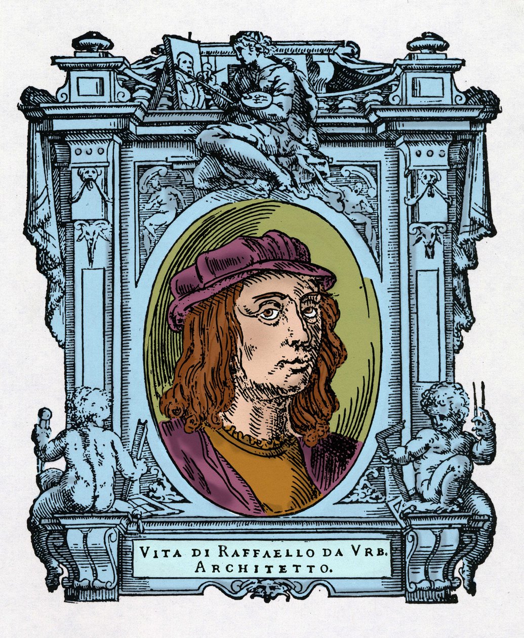 Portrait de Raphaël (Raffaello Sanzio 1483 - 1520) architecte et peintre italien. Gravure du traité "Les Vies des plus excellents peintres, sculpteurs et architectes" (Le Vite de