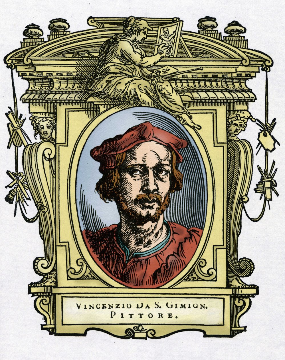 Portrait de Vincenzo Tamagni (Vincenzo da San Gimignano) (1492-1530) peintre italien. Gravure du traité « Vies des plus excellents peintres, sculpteurs et architectes » (Le Vite de