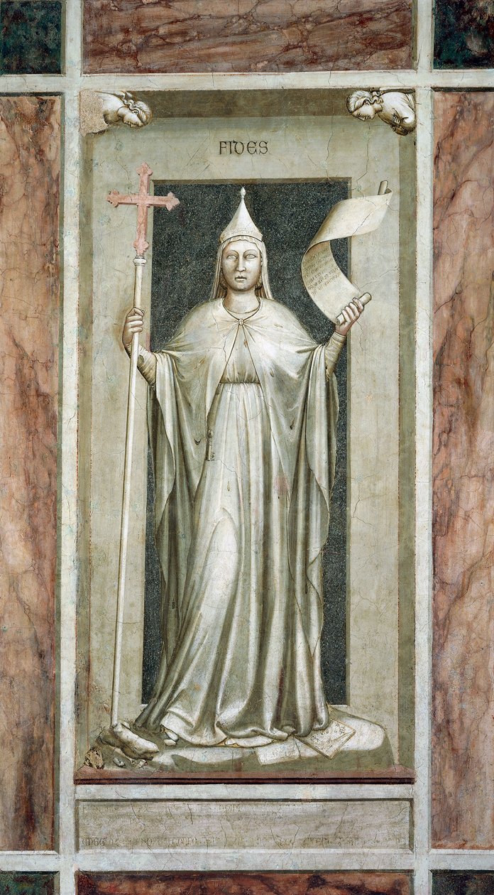 Foi, figure féminine tenant la Croix et un rouleau symbole de la Vérité Révélée, tout en détruisant une idole et en se tenant sur des symboles de la Kabbale, par Giotto, cycle de fresques Les Vices et Vertus, après restauration, Chapelle Scrovegni, Padoue, - Giotto (c.1266 1337)
