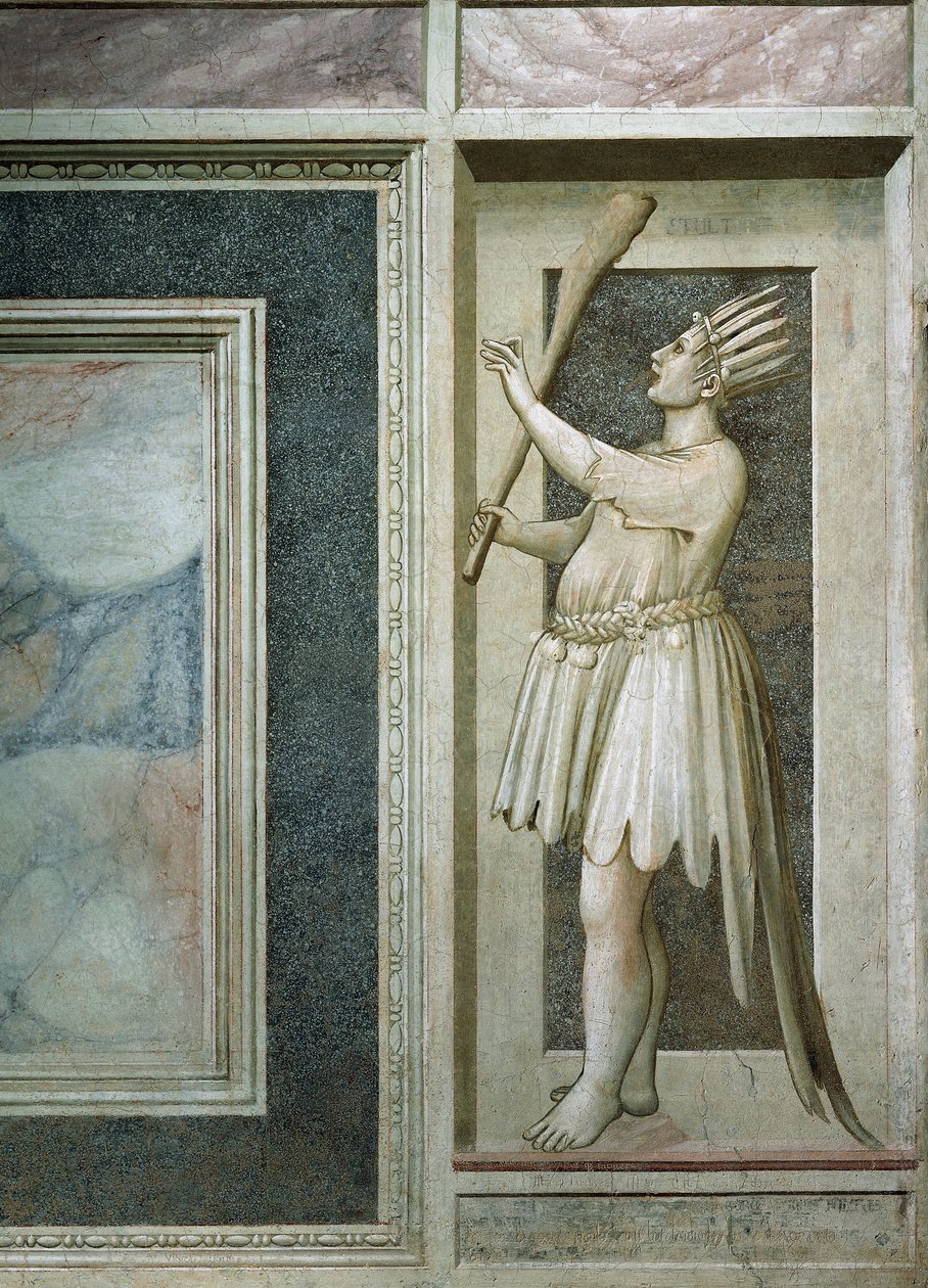 Folie, figure masculine avec la bouche fermée par un verrou, une massue dans la main droite, la tête couverte de plumes et une queue de paon (après restauration en 2002) - Giotto (c.1266 1337)