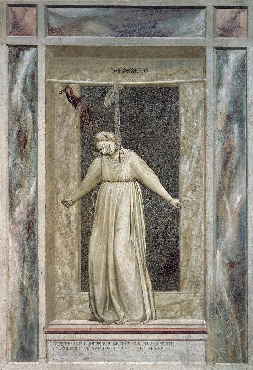 Désespoir, figure féminine se pendant et diable la saisissant par les cheveux (détail) - Giotto (c.1266 1337)
