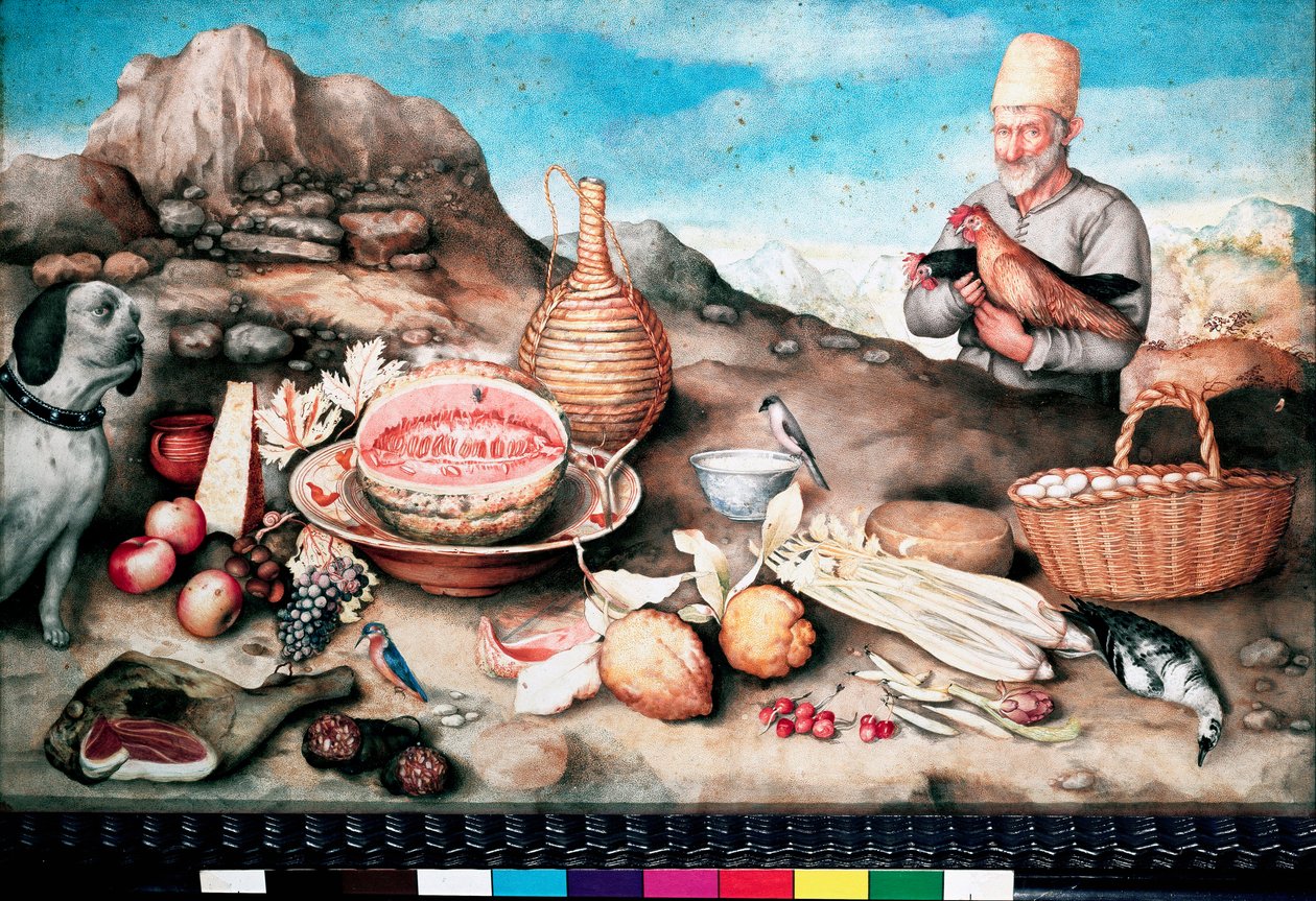 Nature morte : Poisson, melon, jambon, artichaut, céleri, gibier, peinture de Giovanna Garzoni - Giovanna Garzoni