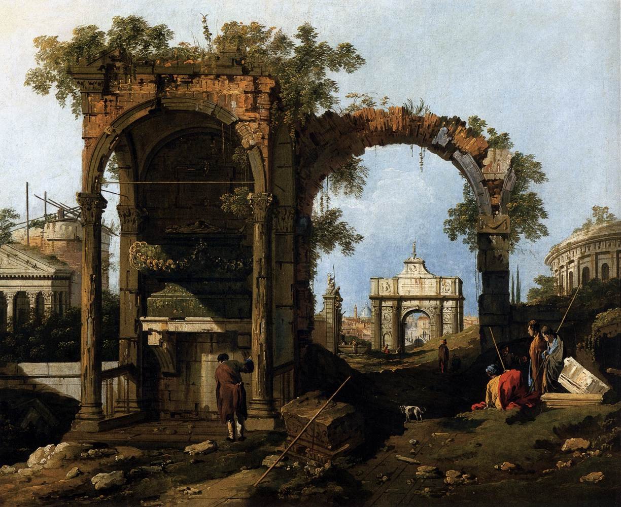 Caprice avec ruines classiques et bâtiments - Giovanni Antonio Canal