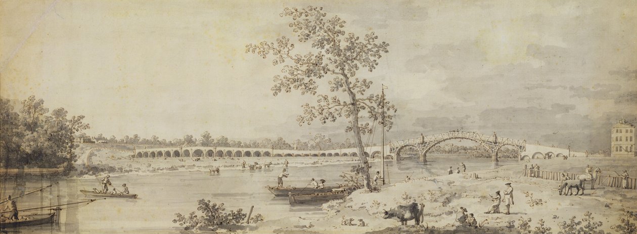 Vieux pont de Walton vu du rivage du Middlesex, 1755 - Giovanni Antonio Canal
