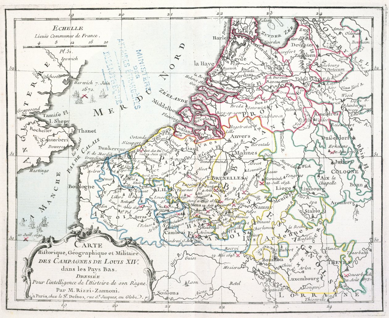 Carte montrant les campagnes militaires de Louis XIV dans les Pays-Bas, de Atlas géographique et militaire, publié à Paris, 1763 - Giovanni Antonio Rizzi Zannoni