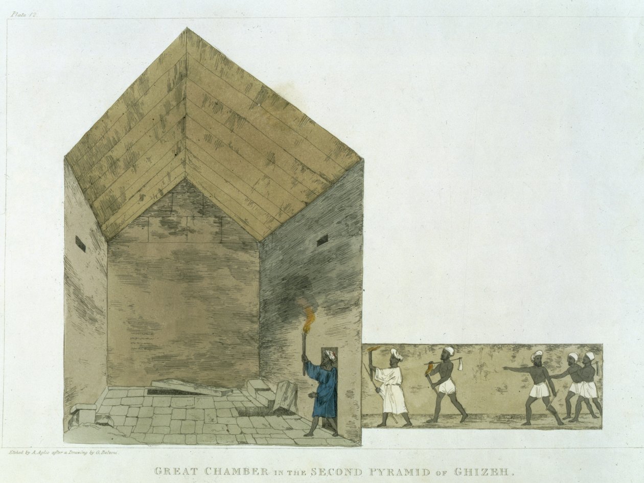 La Grande Chambre dans la deuxième pyramide de Gizeh, découverte par Giovanni Belzoni, planche 12 de `Planches Illustratives des Recherches en Égypte et Nubie`, gravée par Augustine Aglio (1777-1857) 182 - Giovanni Battista Belzoni