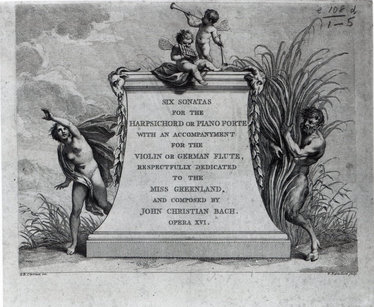 Frontispice pour six sonates de Jean-Chrétien Bach, dédié à Miss Greenland, gravé par Francesco Bartolozzi - Giovanni Battista Cipriani