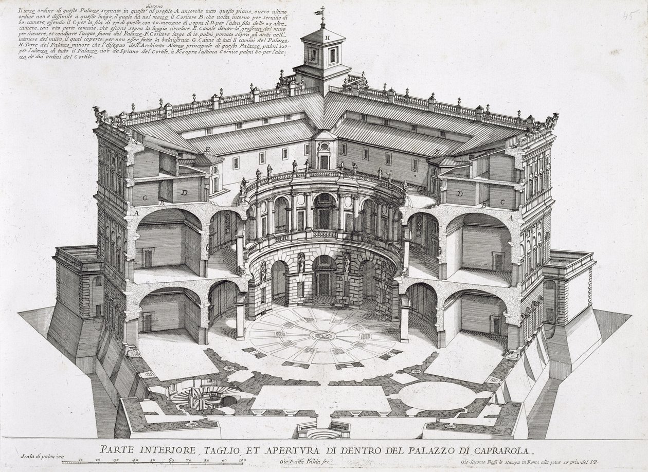 Coupe transversale de la Villa Caprarola, Bagnaia - Giovanni Battista Falda