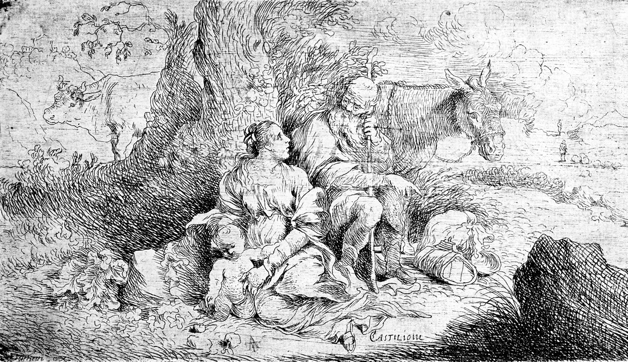Le Repos pendant la Fuite en Égypte, gravé par Antonio Travi - Giovanni Benedetto Castiglione