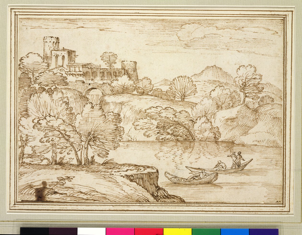 Paysage classique avec bateaux sur un lac en dessous d