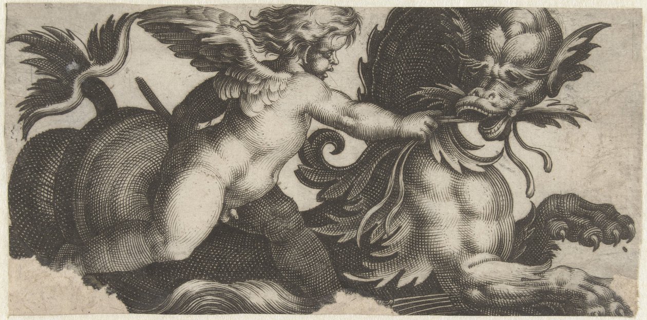Putto nourrissant un monstre marin avec une feuille - Giovanni Andrea Maglioli