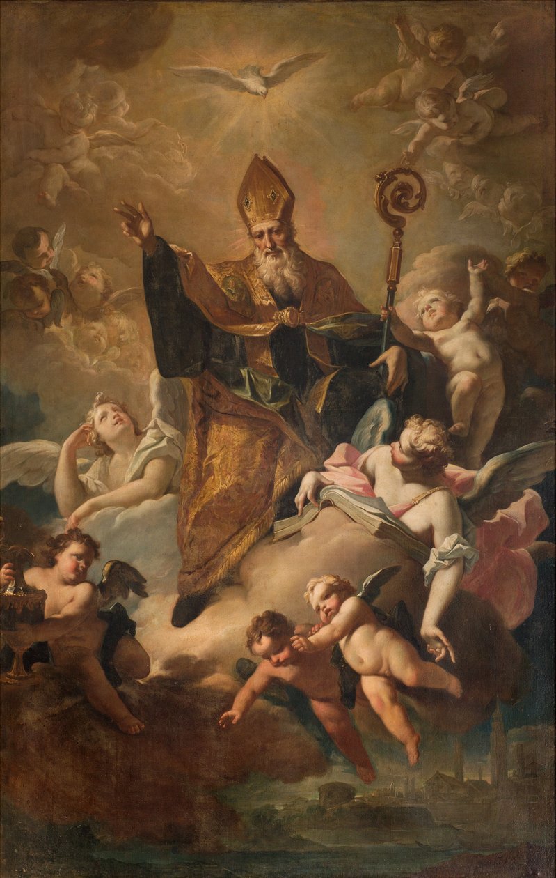 Transept sud, Autel de San Benedetto, Saint Benoît en gloire bénissant la ville, Retable par Giovanni Angelo Borroni, Saint Benoît en gloire bénissant la ville 1744 - Giovanni Angelo Borroni