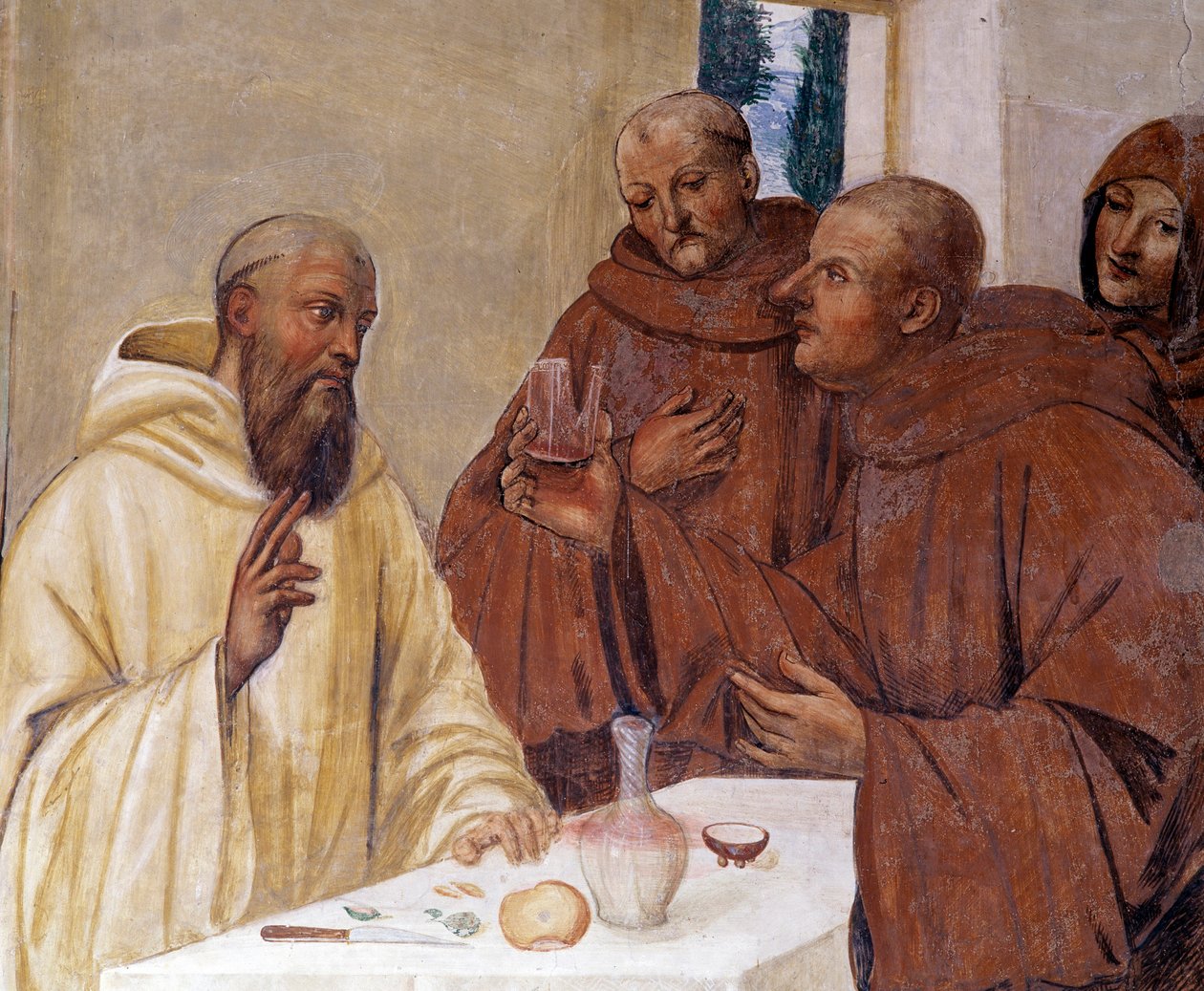 Benoît brise un verre de vin empoisonné en faisant le signe de la croix (détail) - Giovanni Antonio Bazzi Sodoma
