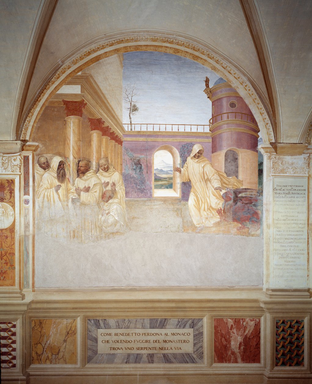 Benoît pardonne au moine qui, en essayant de fuir le monastère, a trouvé un serpent sur son chemin. Fresque du cloître réalisée par Antonio Bazzi dit il Sodoma racontant la vie de Saint Benoît de Nursie, fondateur de l