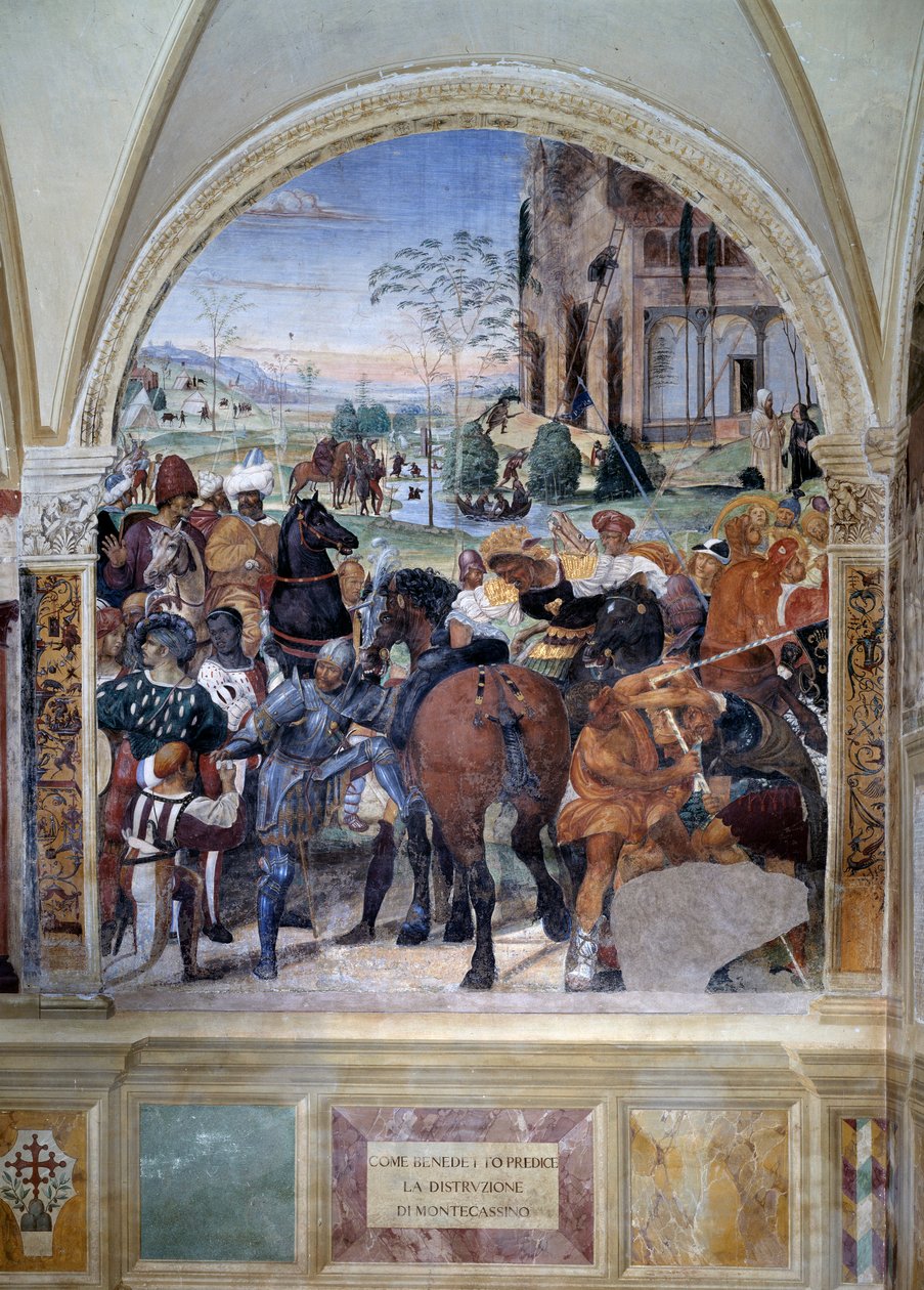 Comment Benoît prédit la destruction de Monte Cassino (détail) - fresque du cloître réalisée par Antonio Bazzi dit il Sodoma racontant la vie de Saint Benoît de Nursie, fondateur de l