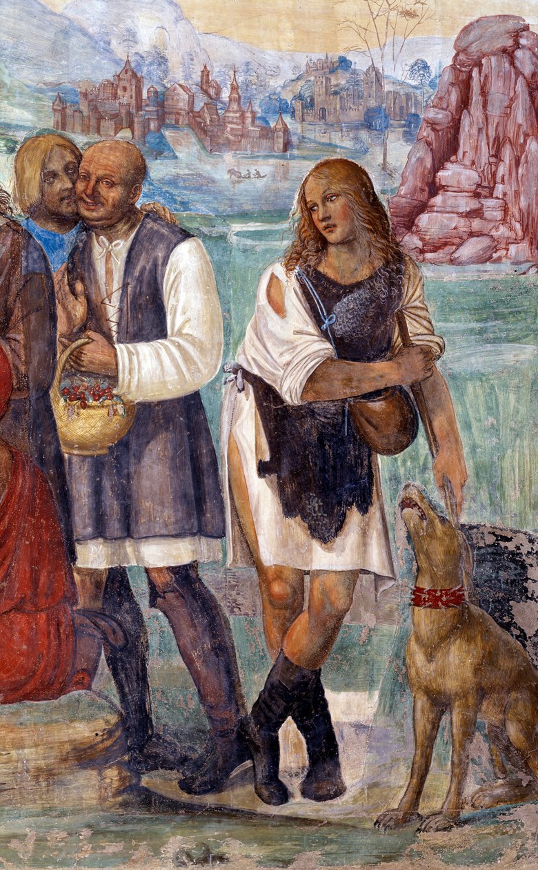 Comment Benoît enseigne la doctrine sacrée aux paysans qui lui rendent visite (détail) fresque du cloître réalisée par Antonio Bazzi dit il Sodoma (1477 - 1549) racontant la vie de Saint Benoît de Nursie (480 - 567) fondateur de l