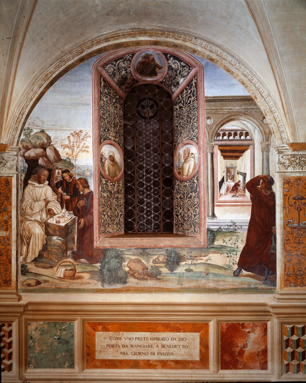 Comment un prêtre a apporté de la nourriture à Benoît à Pâques - Fresque du cloître réalisée par Antonio Bazzi dit il Sodoma (1477 - 1549) racontant la vie de Saint Benoît de Nursie (480 - 567) fondateur de l