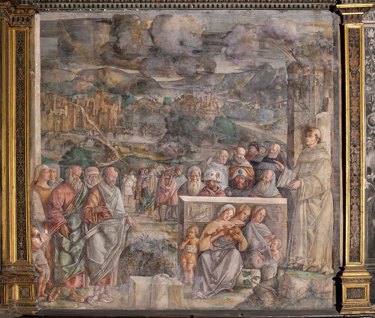 Saint Antoine arrivant à Padoue, où il rétablit la paix entre les citoyens par la force et la douceur de sa prédication, École du Saint - Giovanni Antonio Corona