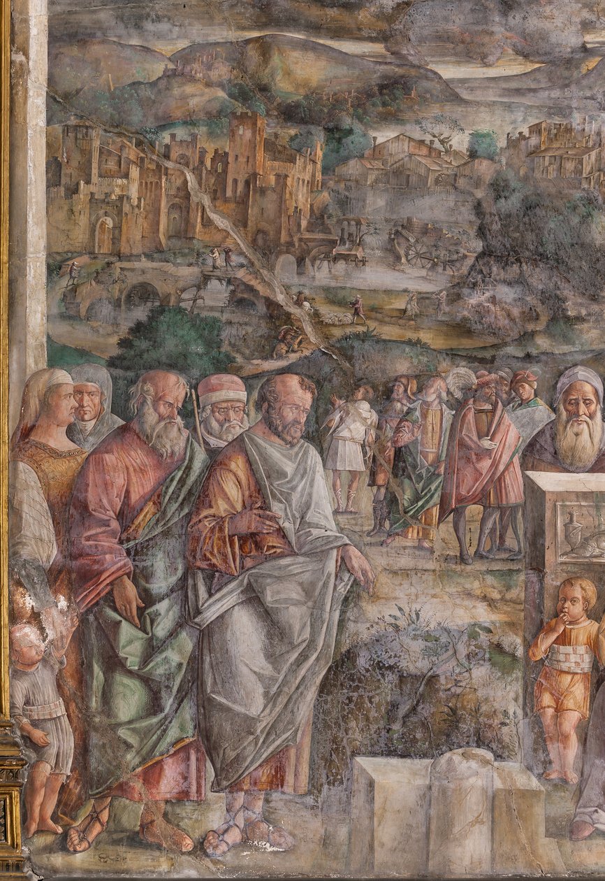 Saint Antoine arrivant à Padoue, où il rétablit la paix entre les citoyens par la force et la douceur de sa prédication, École du Saint (détail) - Giovanni Antonio Corona