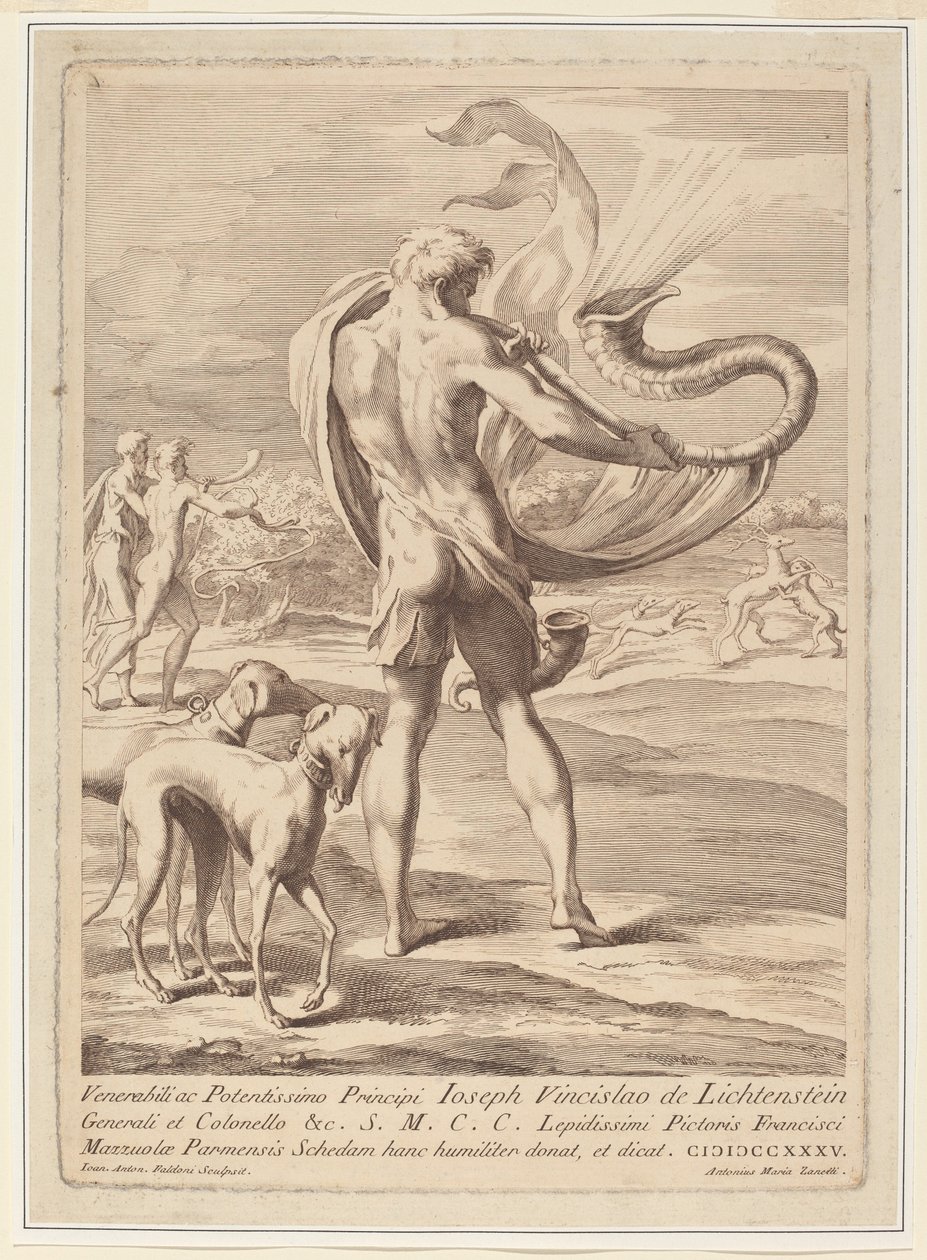 Homme nu soufflant dans une conque - Giovanni Antonio Faldoni after Parmigianino