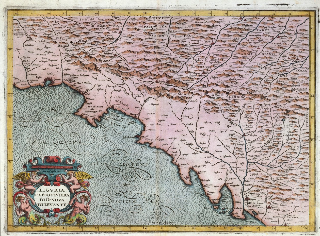 Carte de la région de la Ligurie orientale, par Giovanni Antonio Magini, Bologne, gravure sur cuivre - Giovanni Antonio Magini