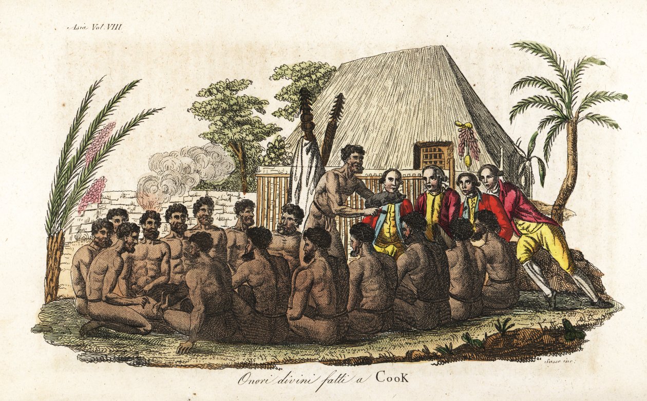 Les indigènes hawaïens offrent un cochon sacrificiel au capitaine James Cook devant 12 prêtres et une idole en bois dans la maison sacrée d
